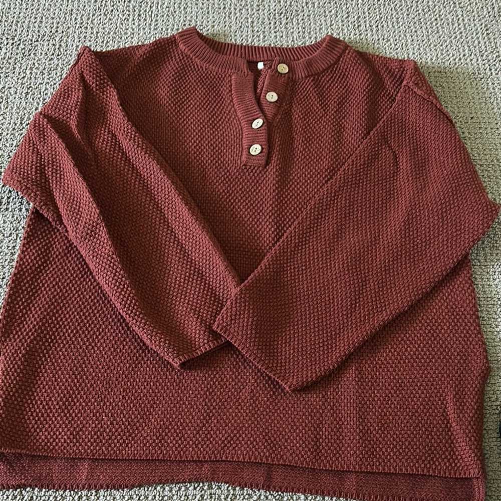 Red Textured Long Sleeve Henley Sweater xl